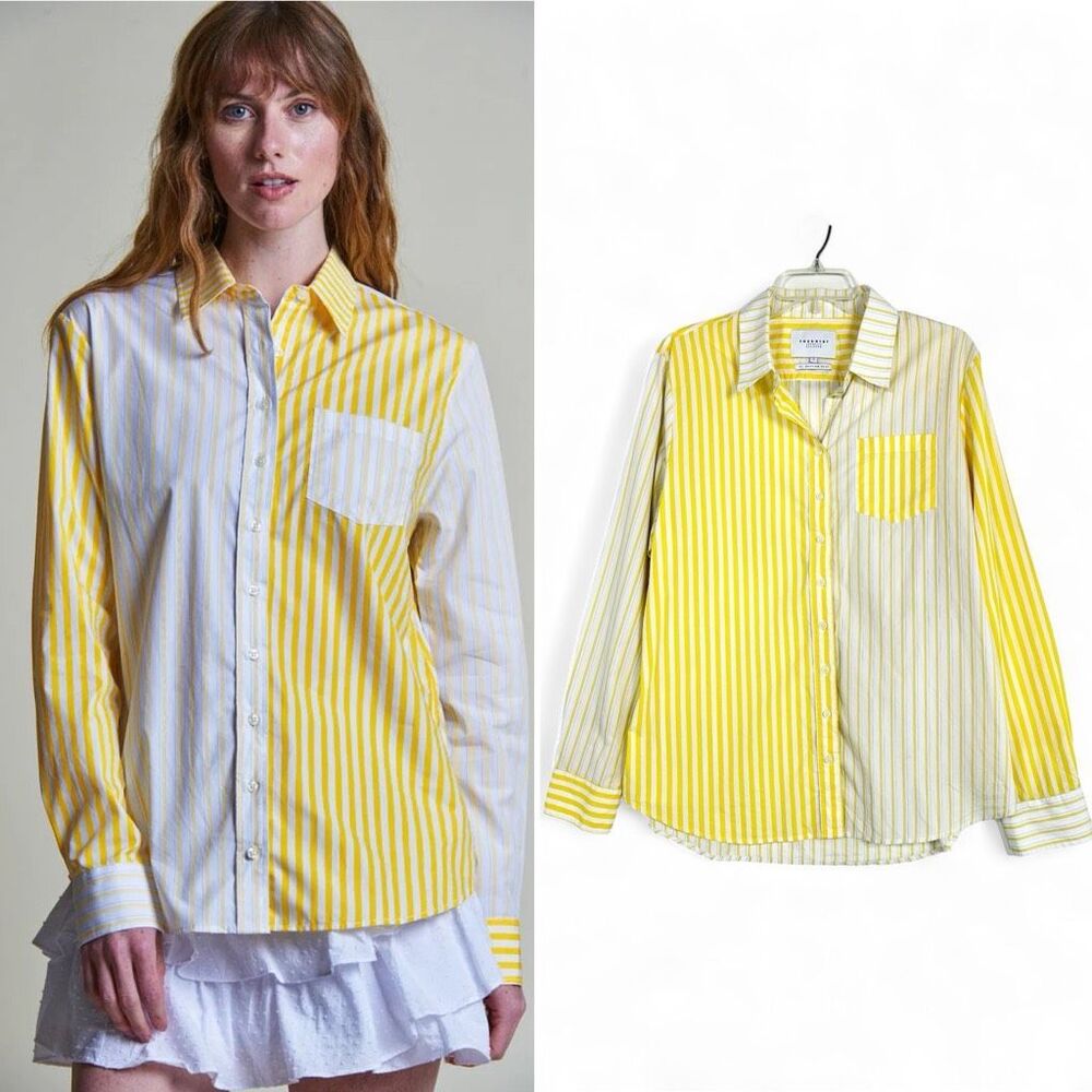 Tuckernuck The Shirt Rochelle Behrens Boyfriend Shirt L Yellow Stripe Mix Media